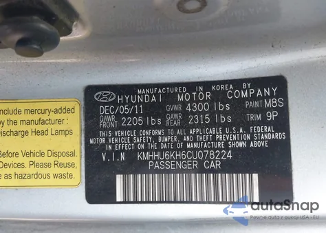 2012 Hyundai Genesis 3.8 Track z USA, uszkodzony, nr VIN KMHHU6KH6CU078224